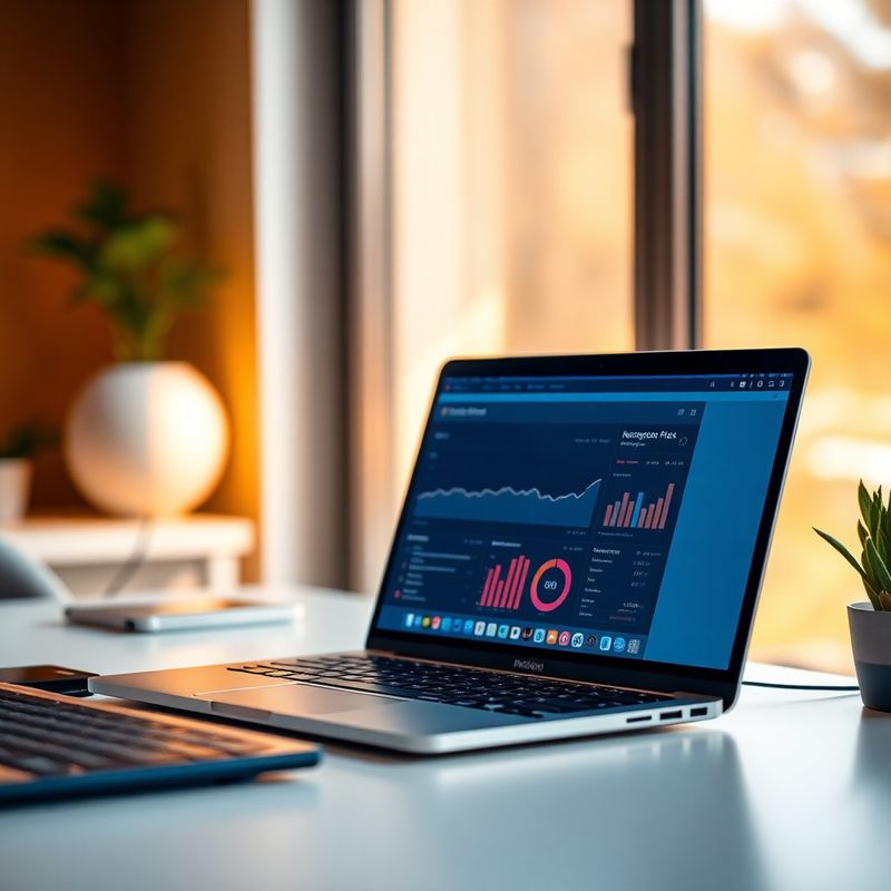 Birou minimalist cu laptop afișând un dashboard indigo, lumină caldă